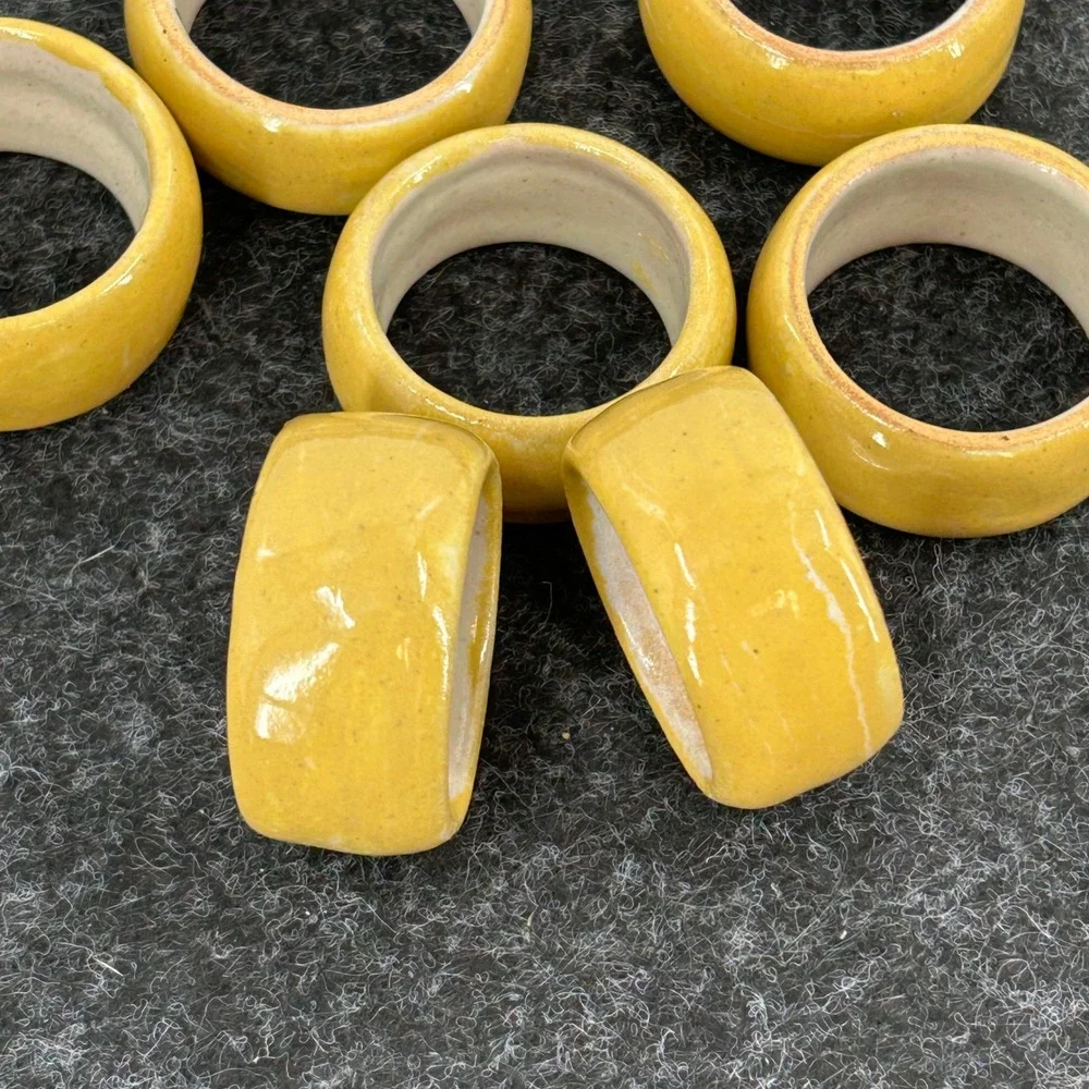 Mustard Yellow Ceramic Napkin Rings Set of 7 Artisan Glazed Stoneware